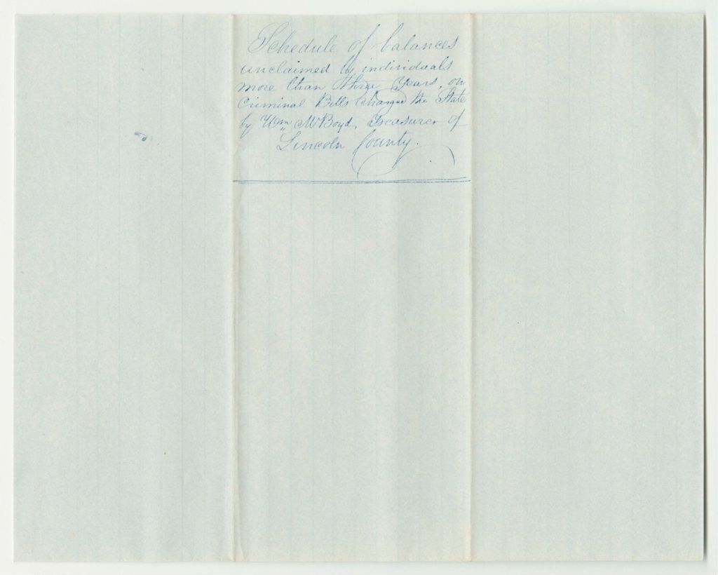 Miniature of Schedule of Balances Unclaimed by Individuals More Than Three Years, on Criminal Bills Charged the State by William M. Boyd, Treasurer of Lincoln County