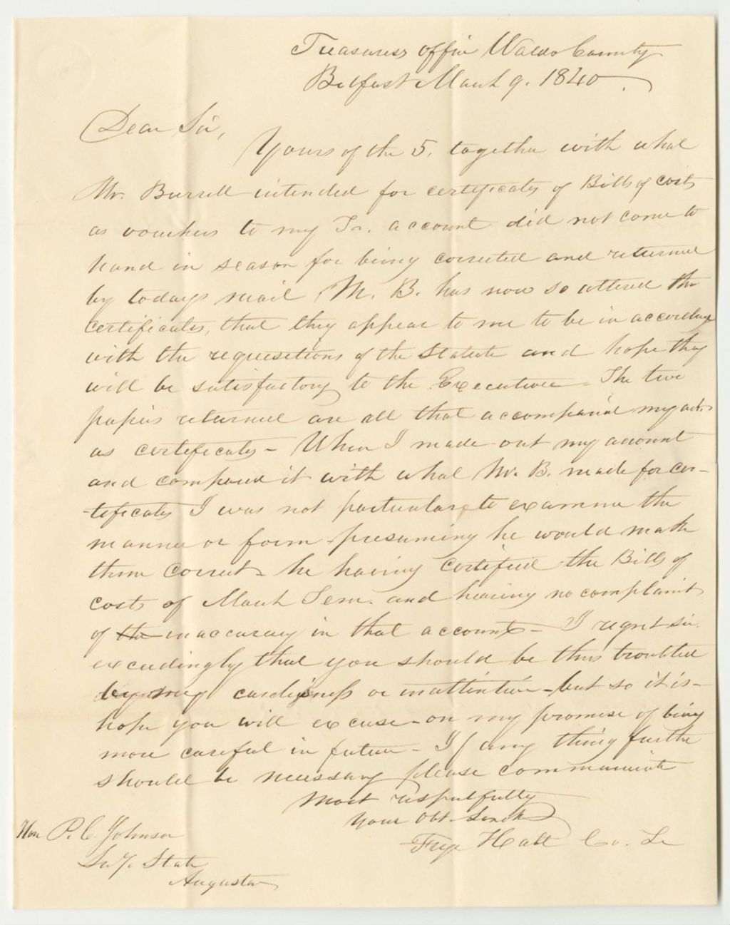 Miniature of Communication from Frye Hall, Treasurer of Waldo County, Relating to Mistakes in Bills of Costs in His Account