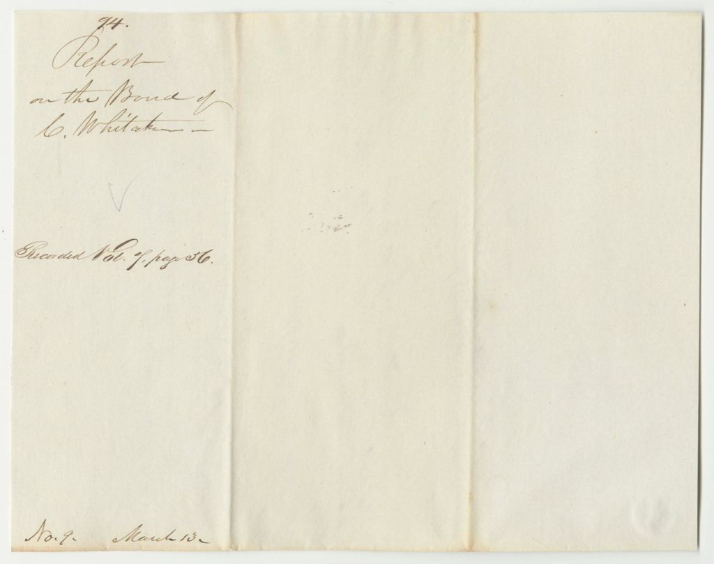 Miniature of Report 94: Report on the Bond of Collins Whitaker as Cleric of Courts for Aroostook County