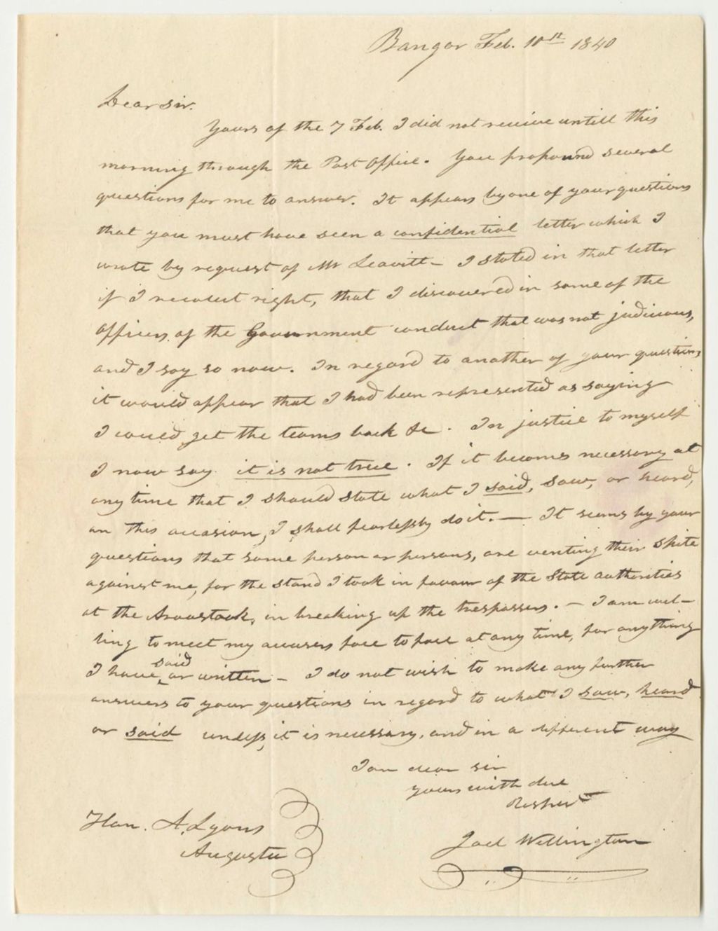 Miniature of Joel Wellington's Letter to Alpheus Lyon Regarding His Questions About Trespass in Aroostook County