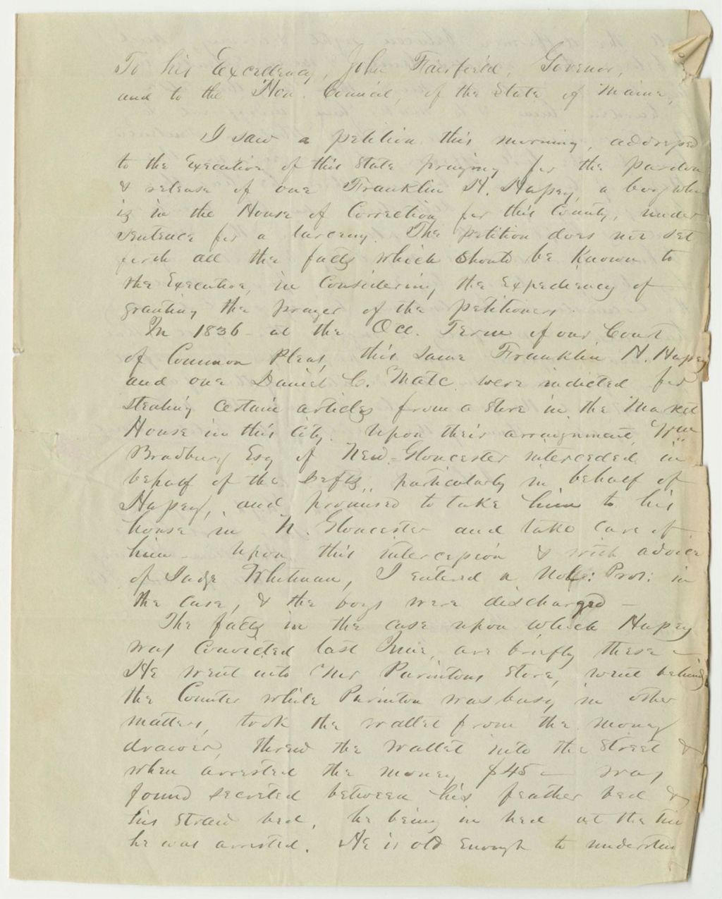 Miniature of Letter from Augustine Hanes Relating to the Petition for the Pardon of Franklin H. Hussey