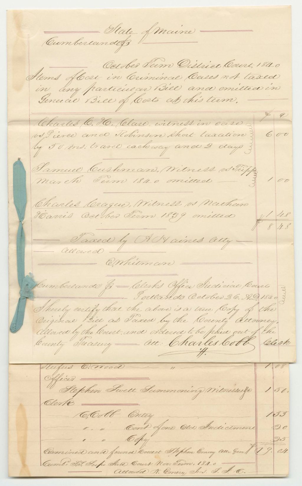 Miniature of Bills of Cost at the District Court in Cumberland County, October Term 1840, and Bills of Cost at the Supreme Judicial Court in Cumberland County, November Term 1840