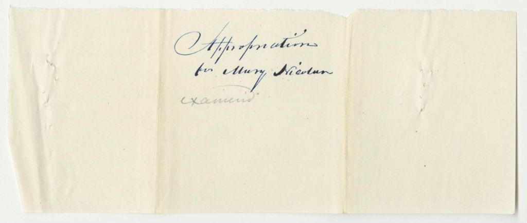 Miniature of Receipts for the Appropriations to Mary Nicolan, Old Capt. Nicolan House, and Peol Poles