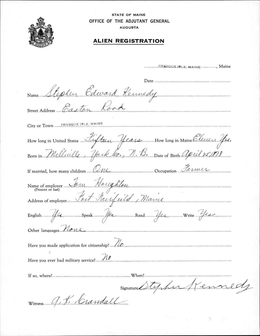 Miniature of Alien Registration- Kennedy, Stephen E. (Presque Isle, Aroostook County)
