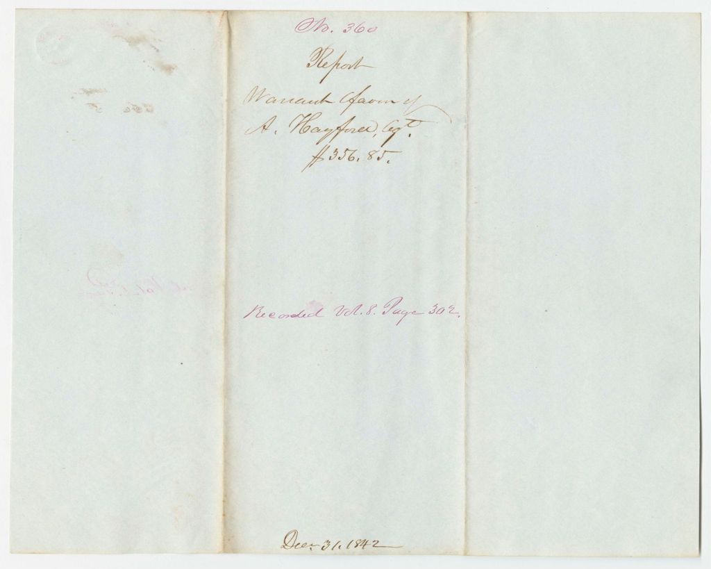 Miniature of Report 360: Report - Warrant in Favor of A. Hayford, Agent