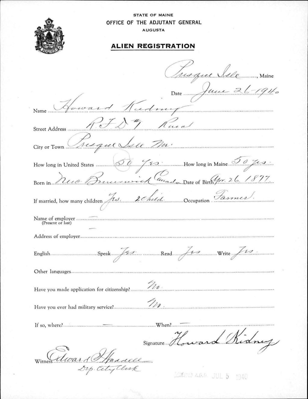 Miniature of Alien Registration- Kidney, Howard (Presque Isle, Aroostook County)