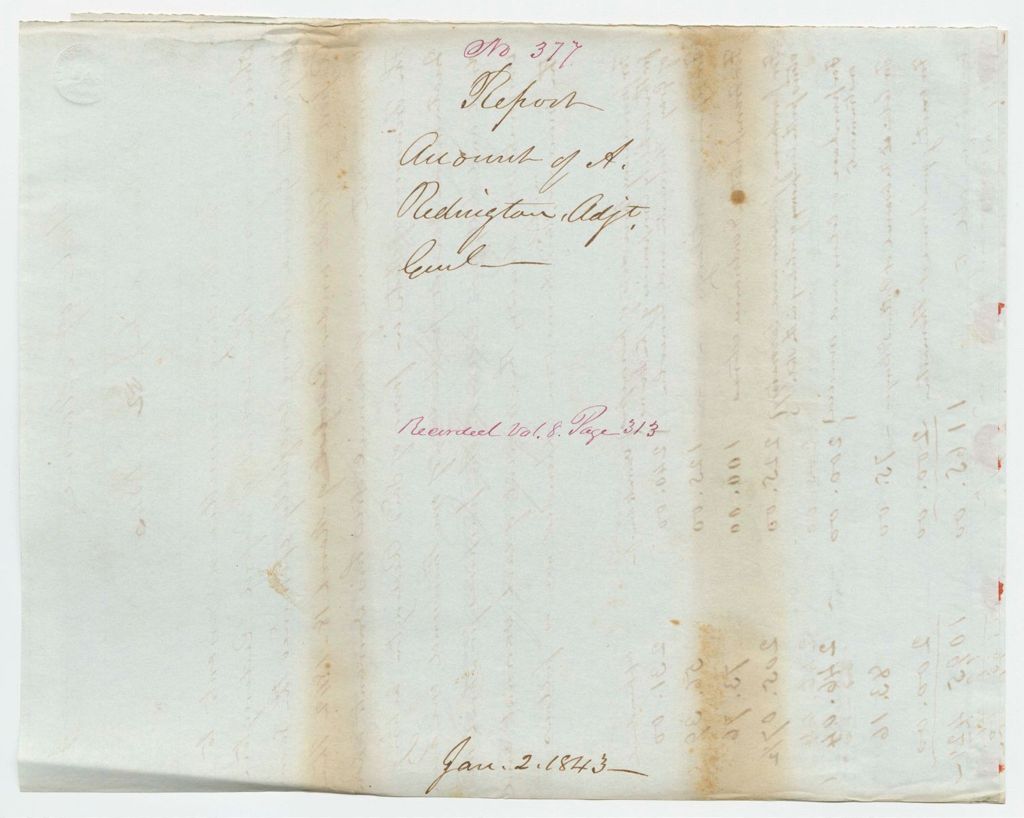 Miniature of Report 377: Report - Account of A. Redington, Adjutant General