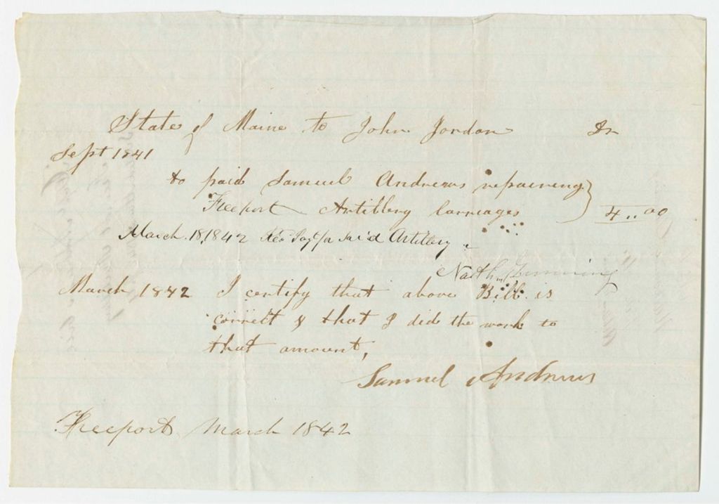 Miniature of Receipts from the 1842 Account of A. Redington, Acting Quarter Master General, for Repairs of Artillery