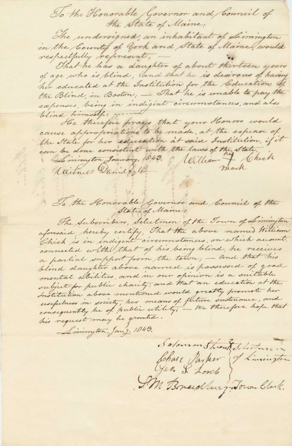 Miniature of Petition in Favor of William Chick from the Selectmen of the Town of Limington