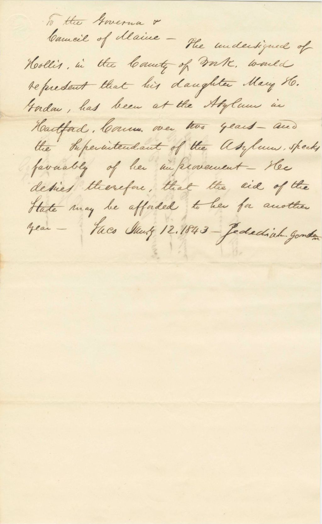 Miniature of Petition of Jedediah Gordon in favor of Mary H. Gordan