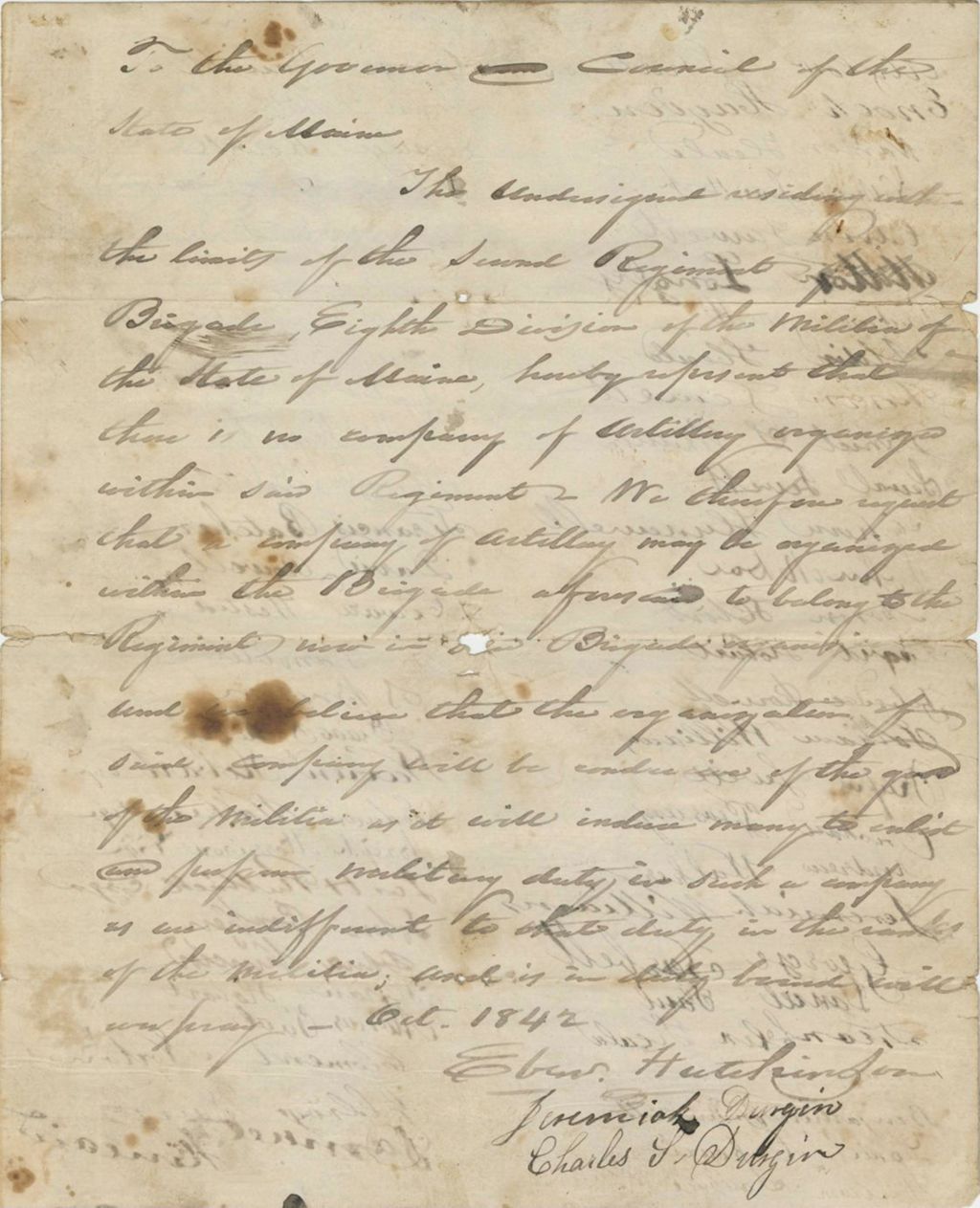 Miniature of Petition from Ebenezer Hutchins and others for an Artillery Company