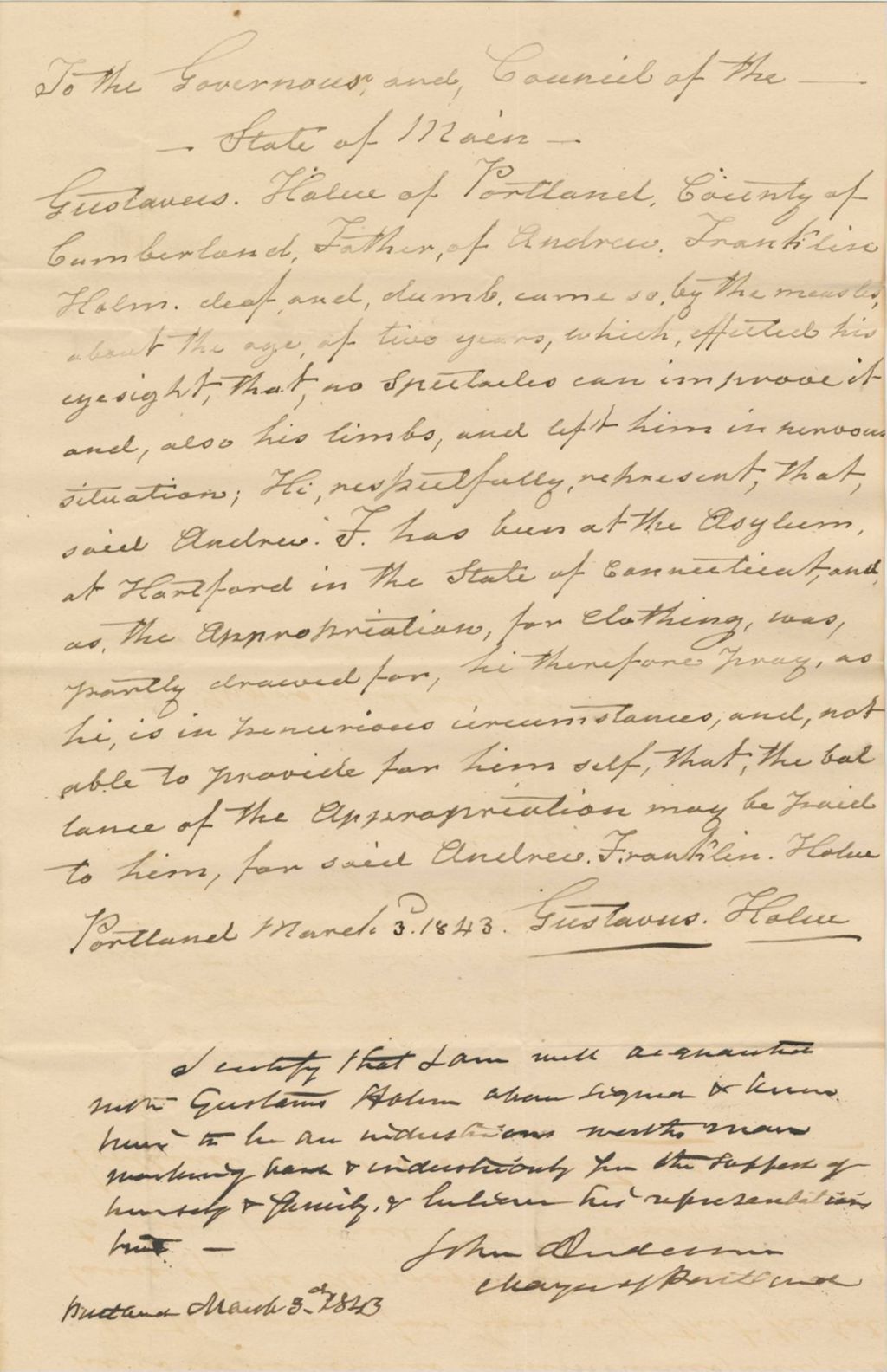 Miniature of Petition of Gustaous Holmes for and to his son Franklin Holmes who is Deaf and Dumb