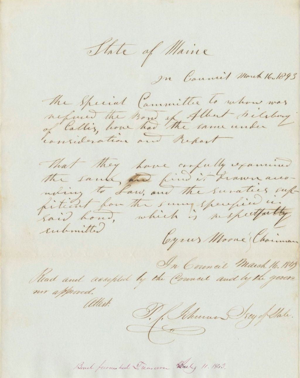 Miniature of Report 71: Report on the Bond of Albert Pillsbury of Calais