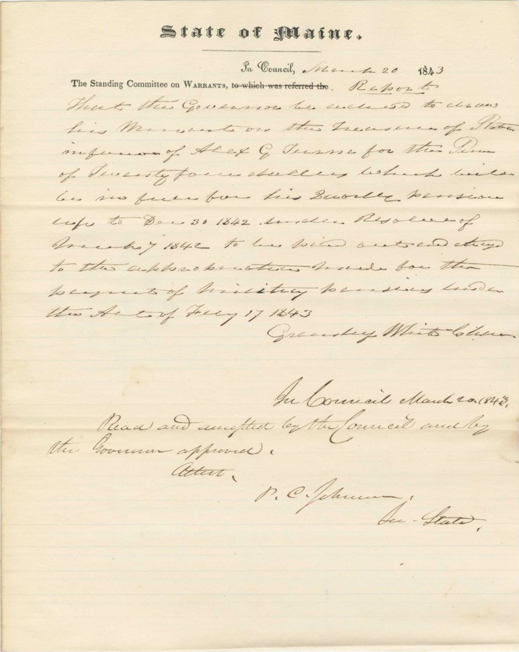 Miniature of Report 77: Warrant in Favor of Alexander G. Turner, for his Military Pensions