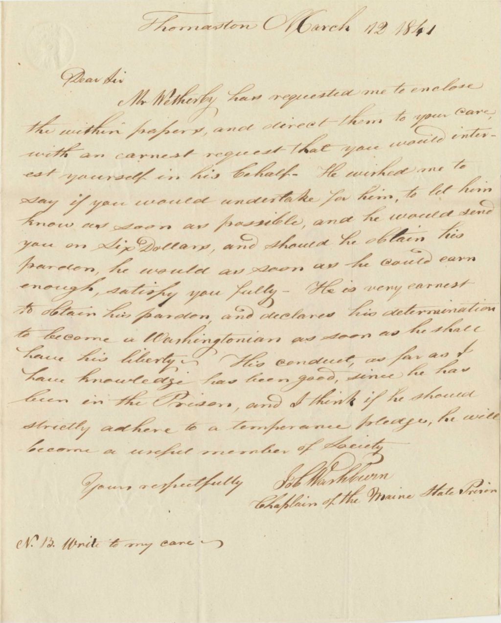 Miniature of Communication from Job Washburn to David Dunn on behalf of Jonas Weatherby regarding his pardon
