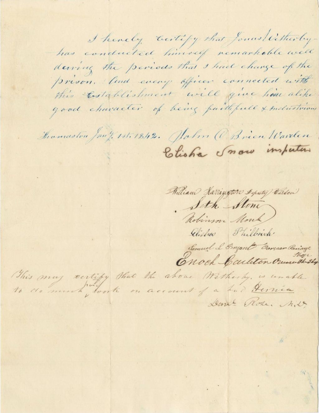 Miniature of Certification of Jonas K. Weatherby's Character while incarcerated