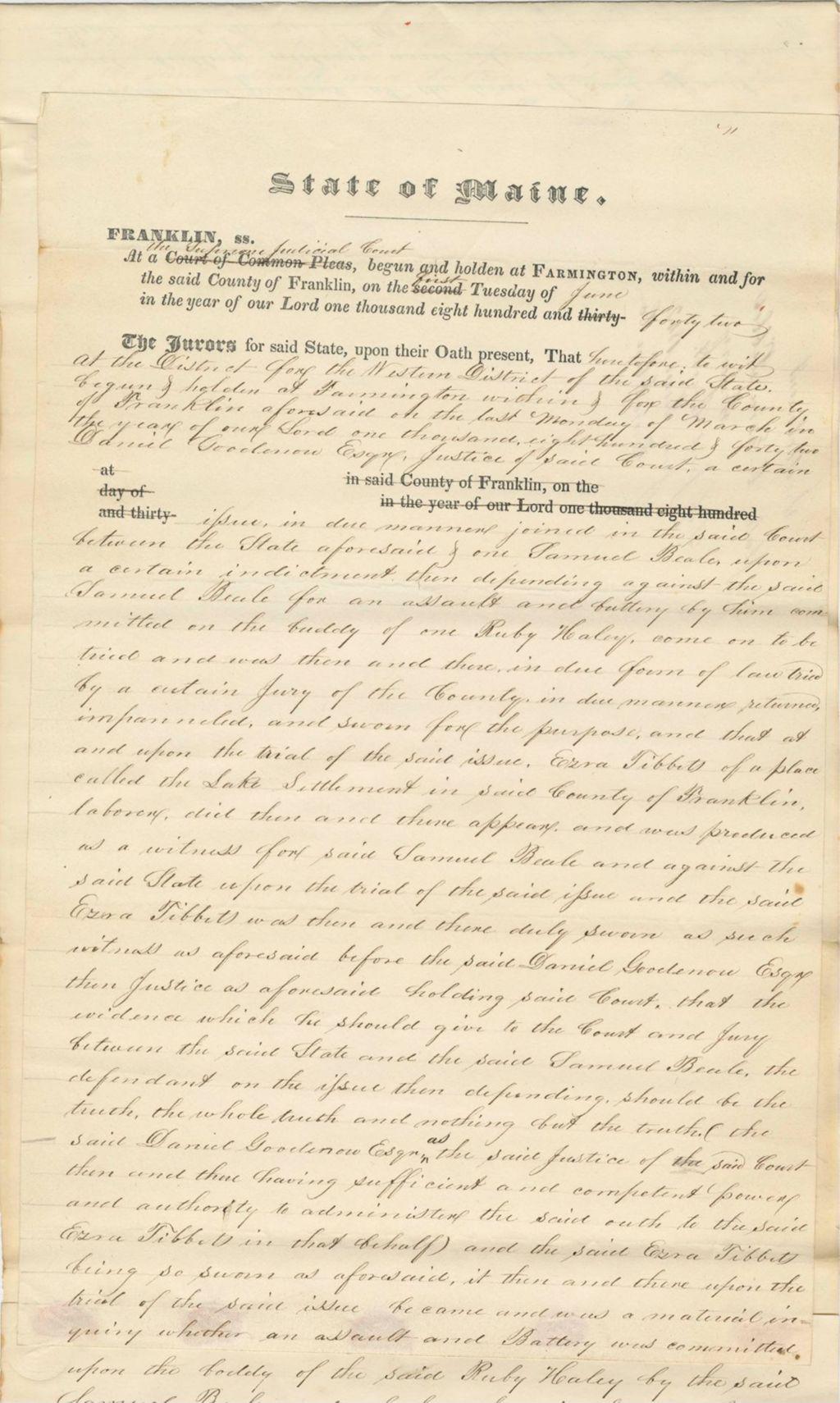 Miniature of Indictment State V. Ezra Tibbets - Perjury