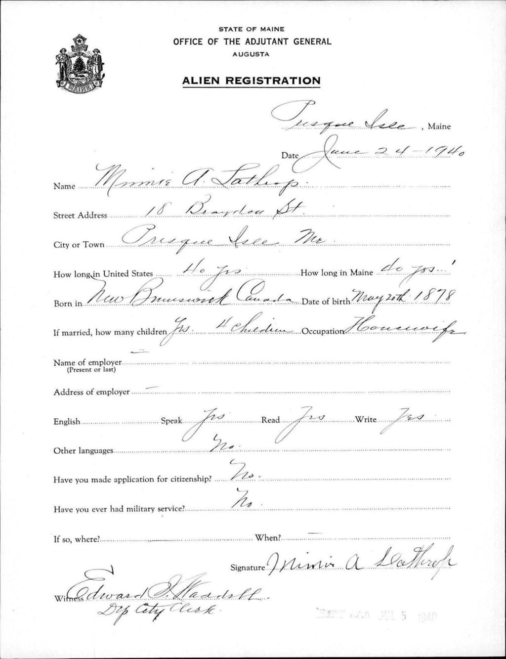 Miniature of Alien Registration- Lathrop, Minnie A. (Presque Isle, Aroostook County)