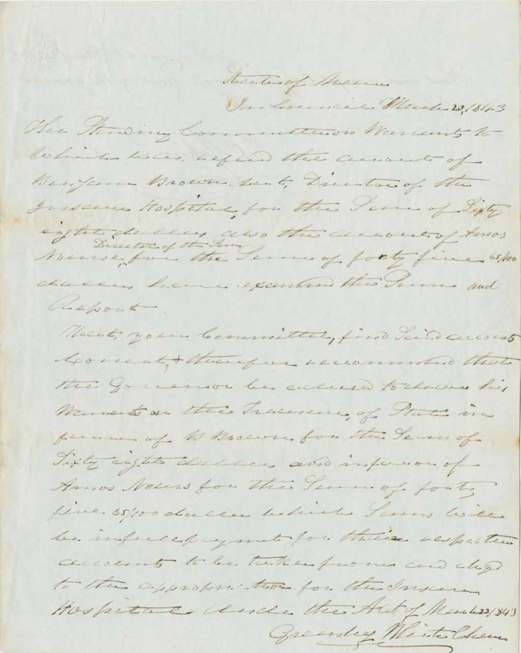 Miniature of Report 89: Report on the Warrants in Favor of Amos Nourse and Benjamin Brown for the Insane Hospital