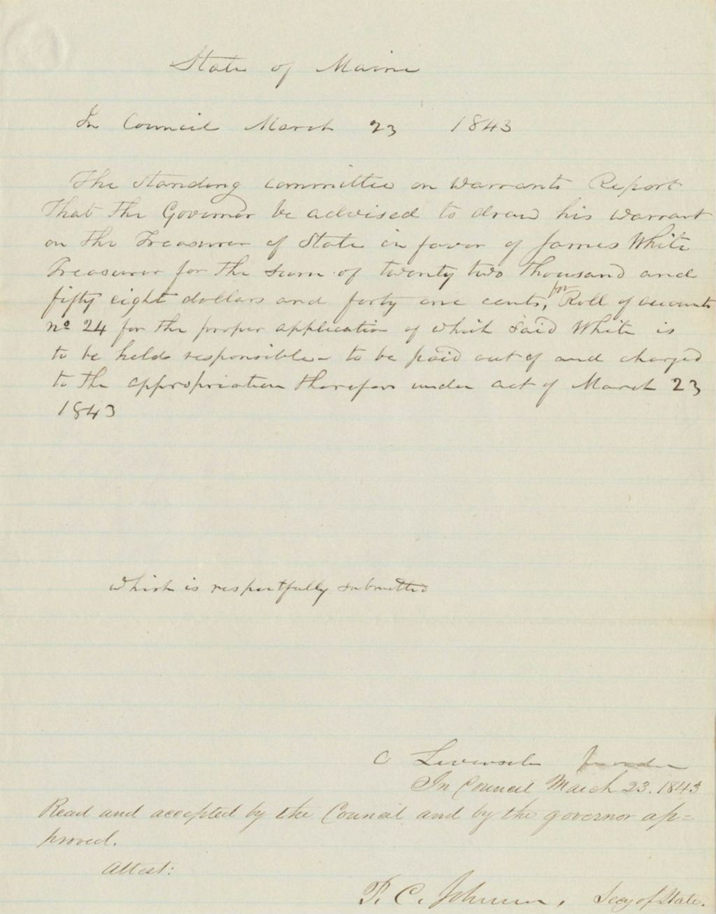 Miniature of Report 92: Report on the Warrant in Favor of James White, State Treasurer, for the Roll of Accounts, Number 24