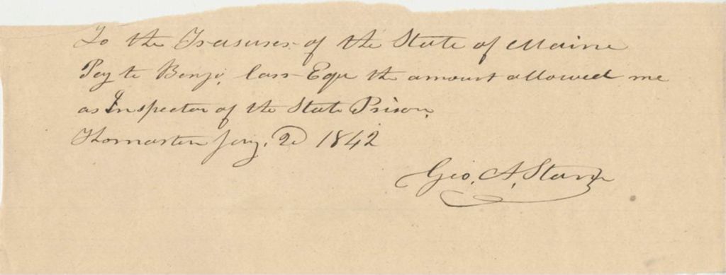 Miniature of Communication from George A. Starr to the Treasurer Requesting his Pay as Inspector of the Maine State Prison
