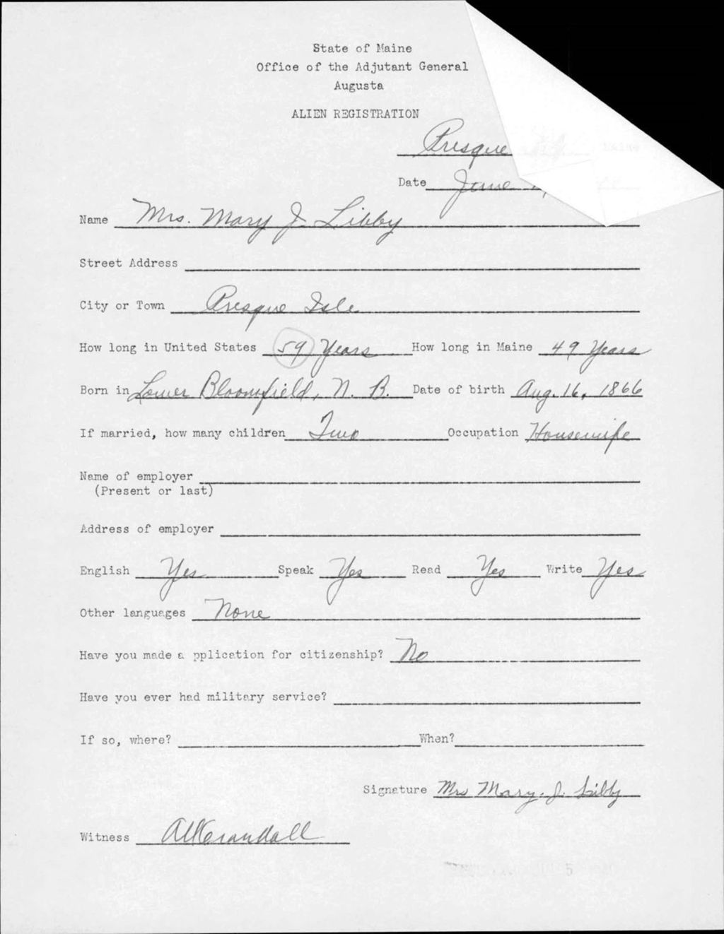 Miniature of Alien Registration- Libby, Mary J. (Presque Isle, Aroostook County)