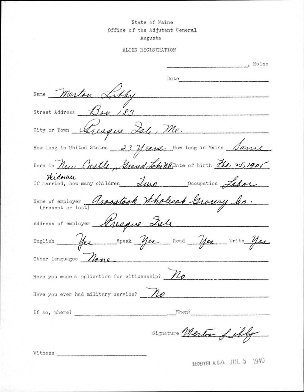Miniature of Alien Registration- Libby, Merton (Presque Isle, Aroostook County)