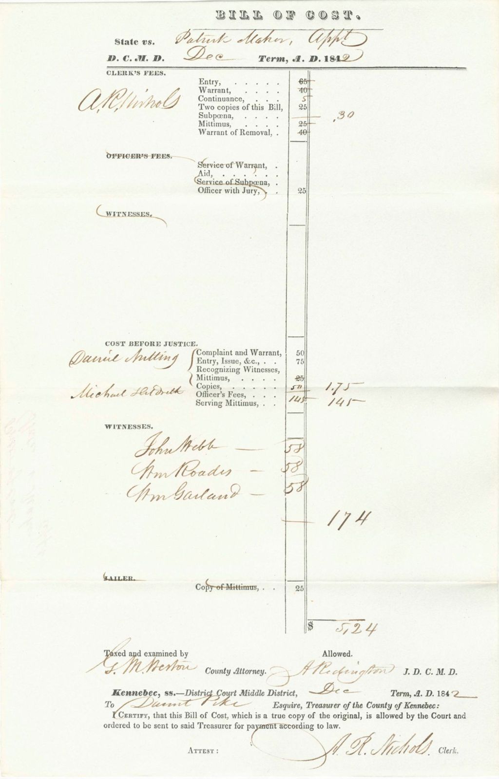 Miniature of Bill of Costs, State of Maine v. Maher, Appt.