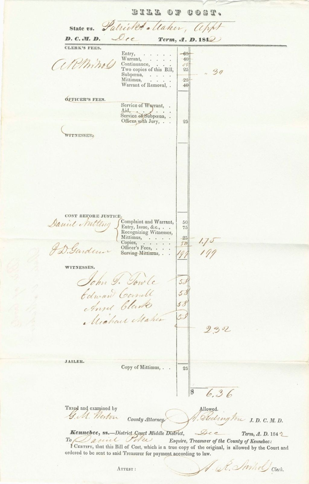 Miniature of Bill of Costs, State of Maine v. Maher
