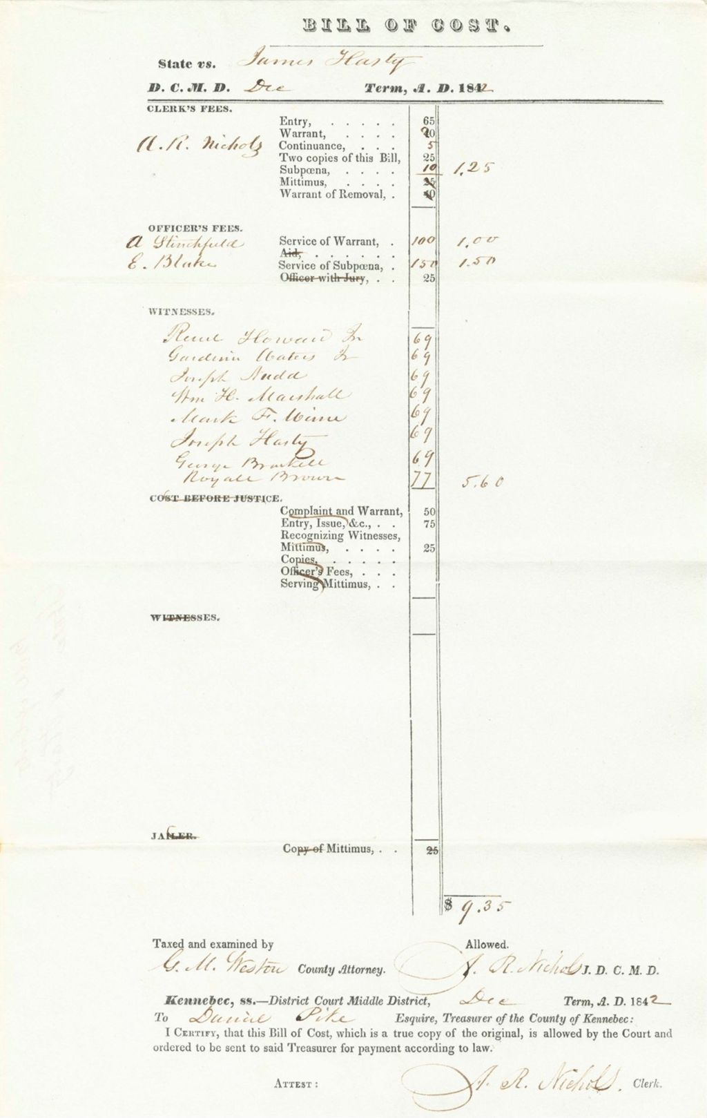 Miniature of Bill of Costs, State of Maine v. Harty