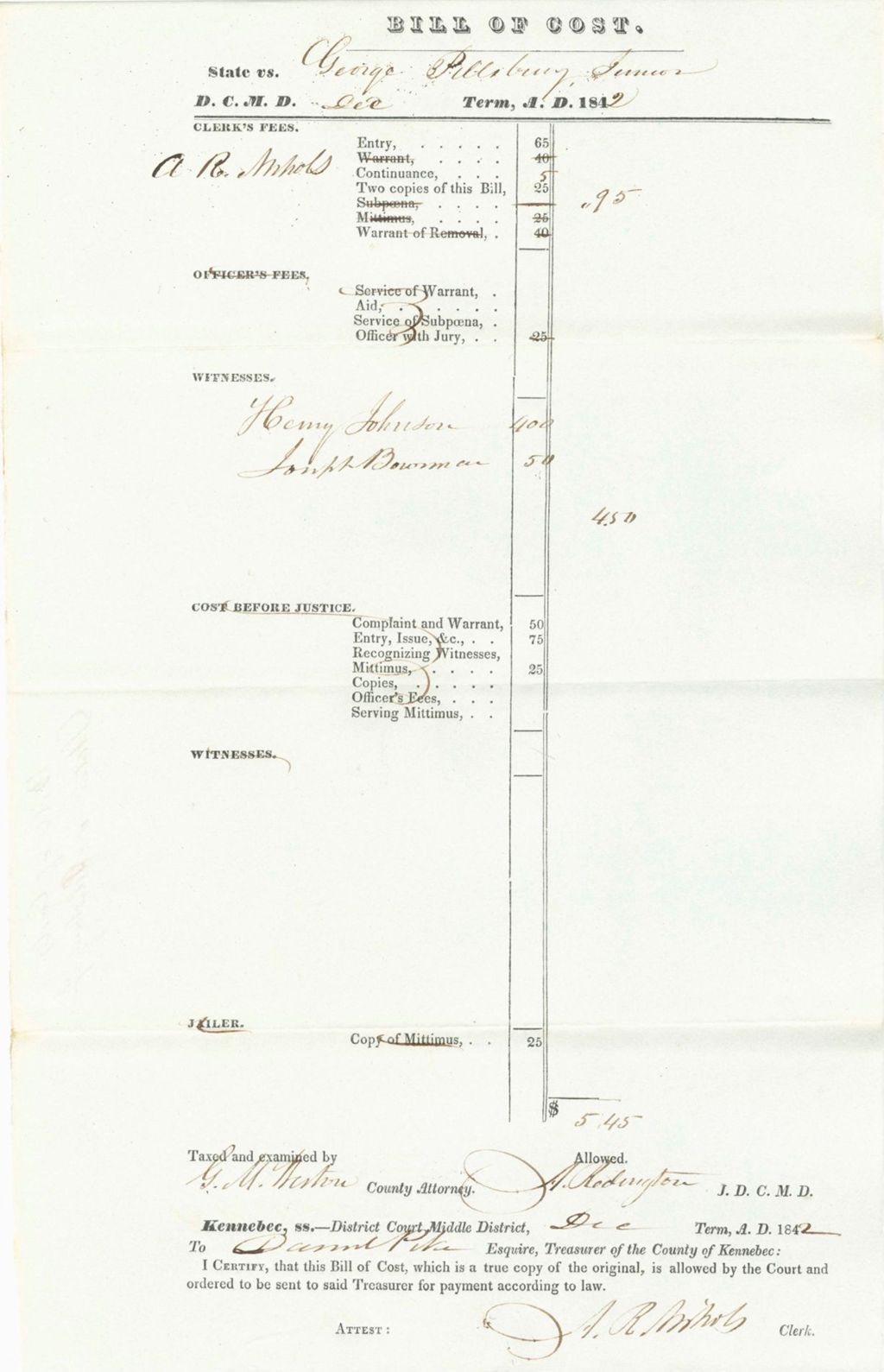 Miniature of Bill of Costs, State of Maine v. Pilsbury Jr.