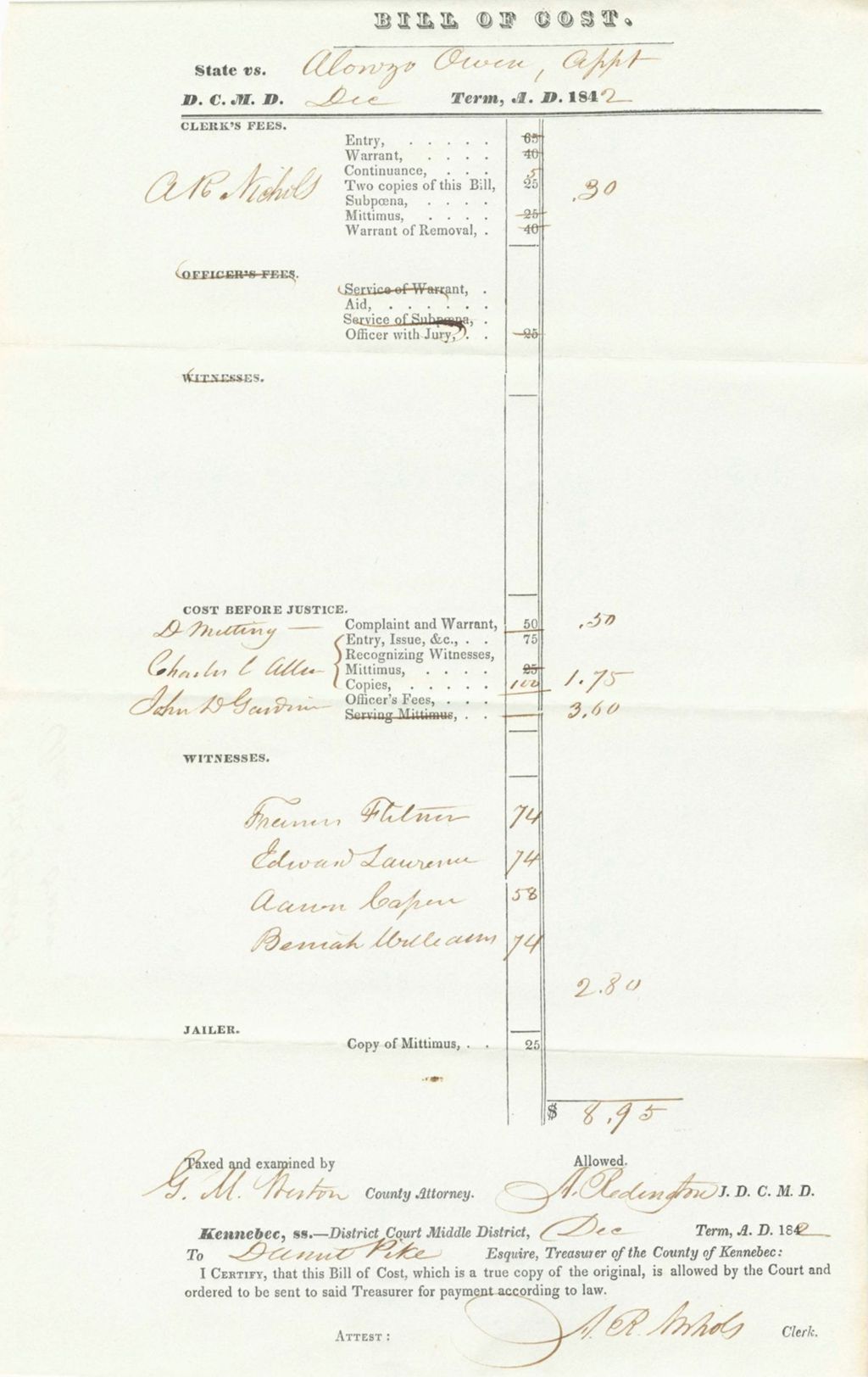 Miniature of Bill of Costs, State of Maine v. Owen