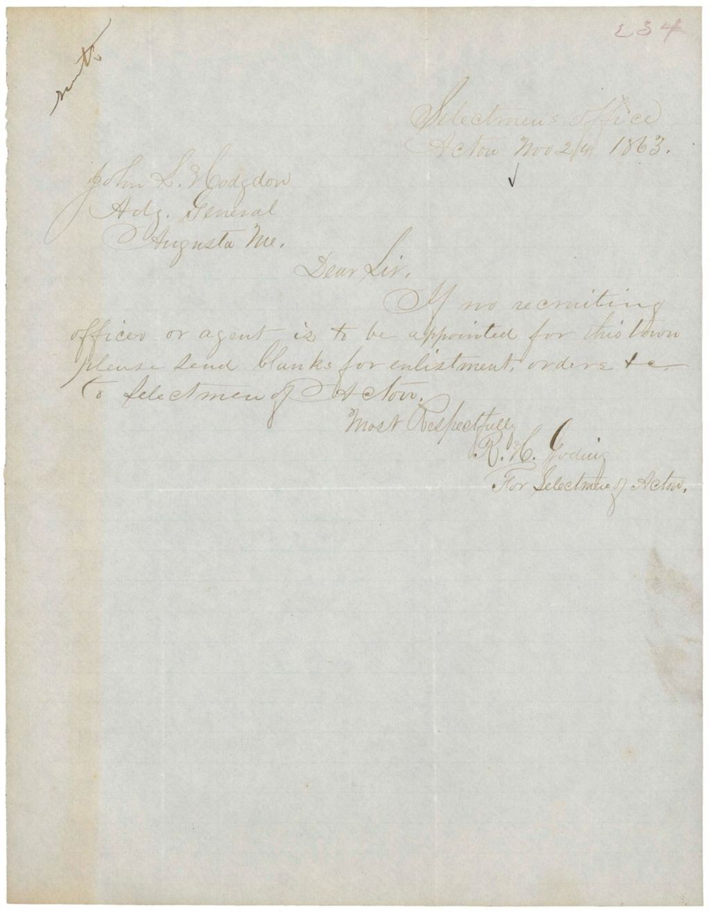 Miniature of John L. Hodsdon from R. H. Goding, asking for blanks for enlistment, orders, etc. to the selectmen