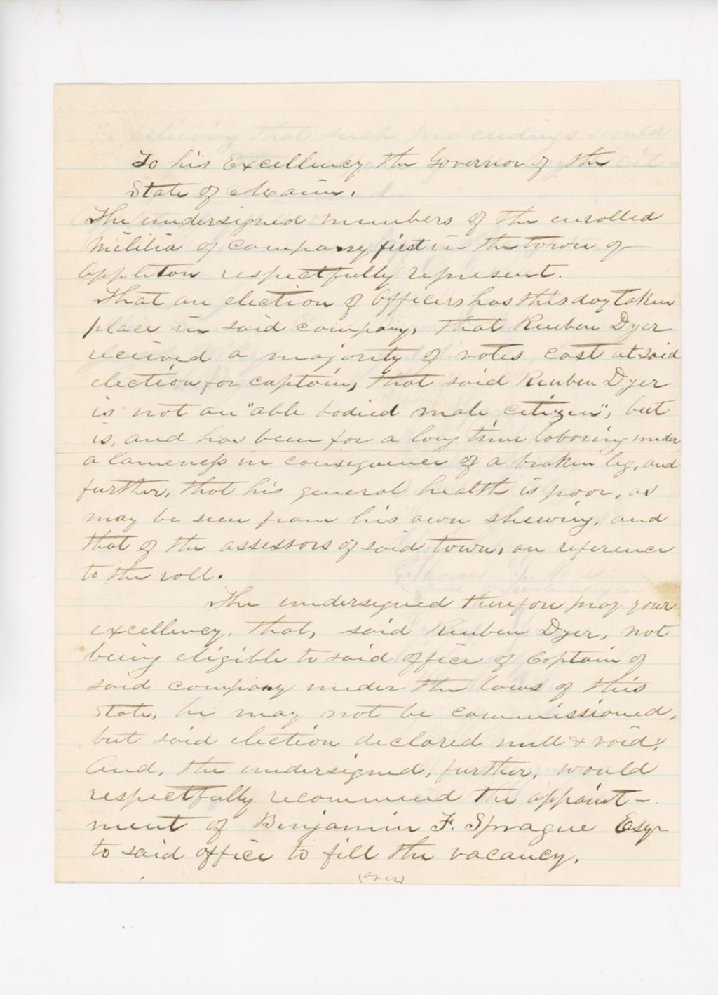 Miniature of Letter to Governor Washburn Requesting Replacement of Reuben Dyer