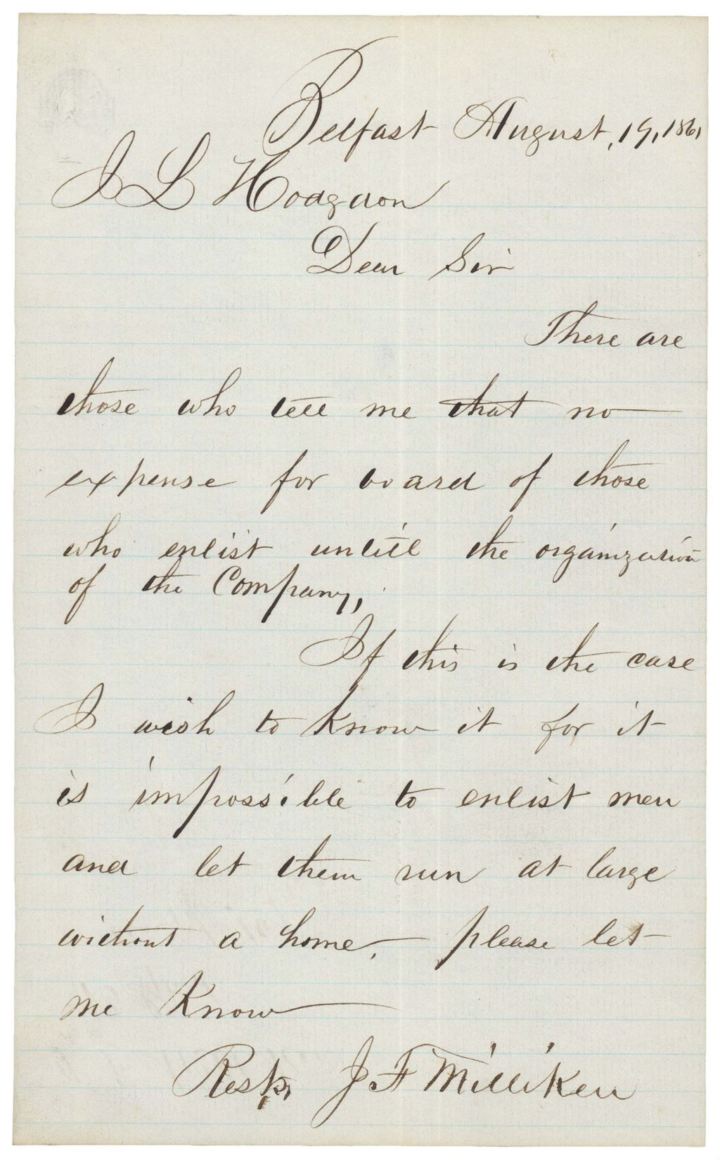 Miniature of Letter from J.F. Milliken to Adjutant General John L. Hodsdon, August 19, 1861