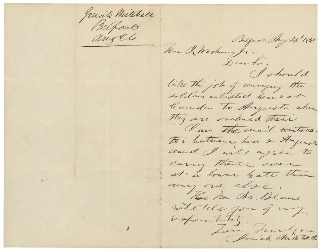 Miniature of Letter from Josiah Mitchell to Governor Washburn requesting to transport soldiers to Augusta, August 26, 1861