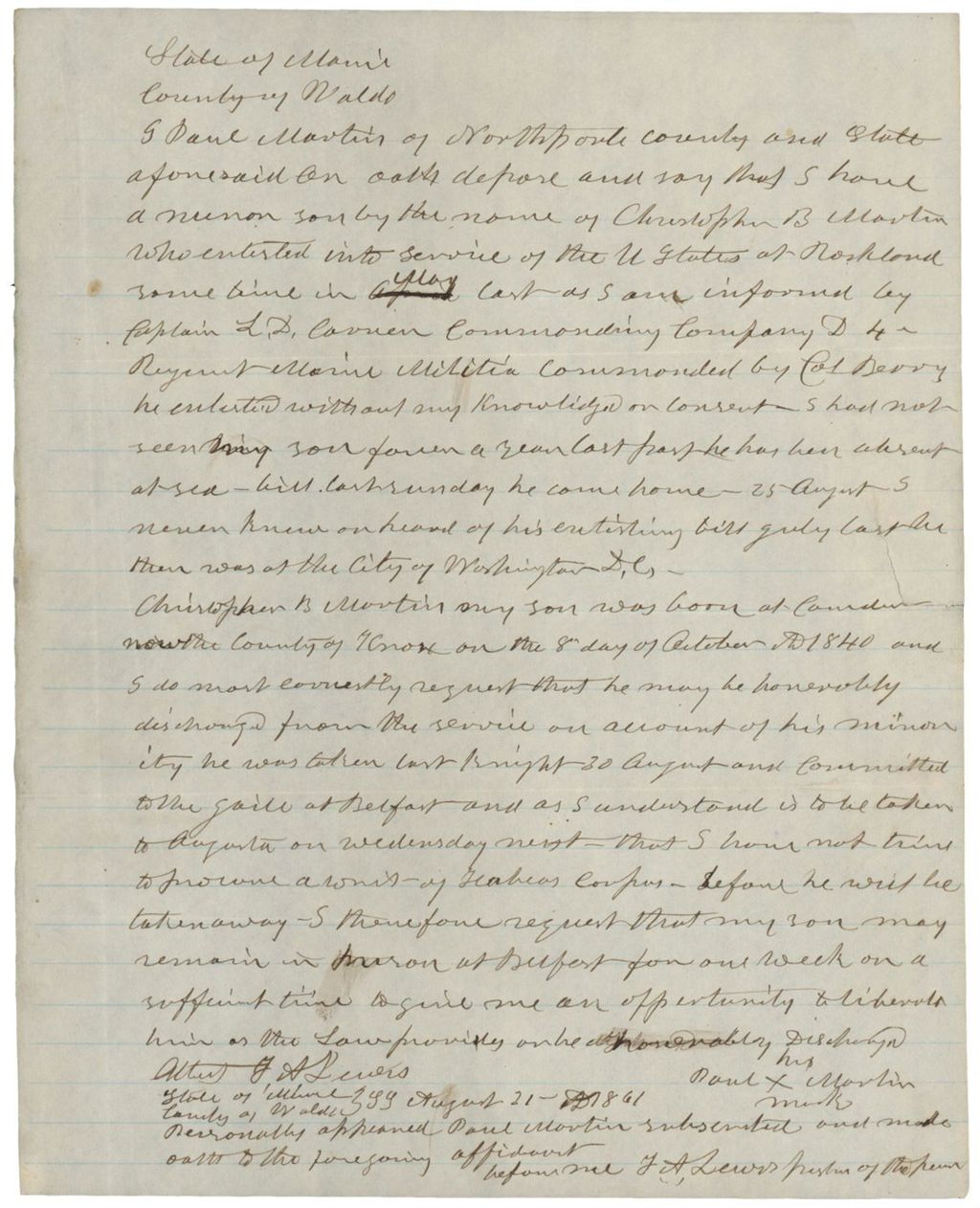 Miniature of Letter from Paul Martin regarding concern for his son Christopher B. Martin, August 31, 1861