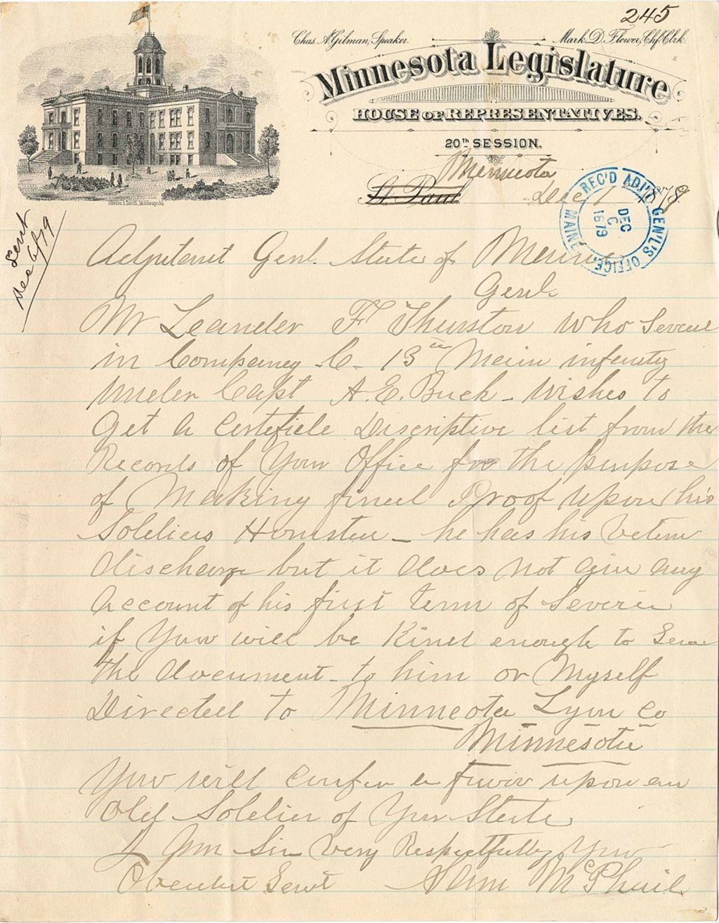 Miniature of Minnesota Legislature requesting Mr. Leander F. Thunton's certificate of inscription
