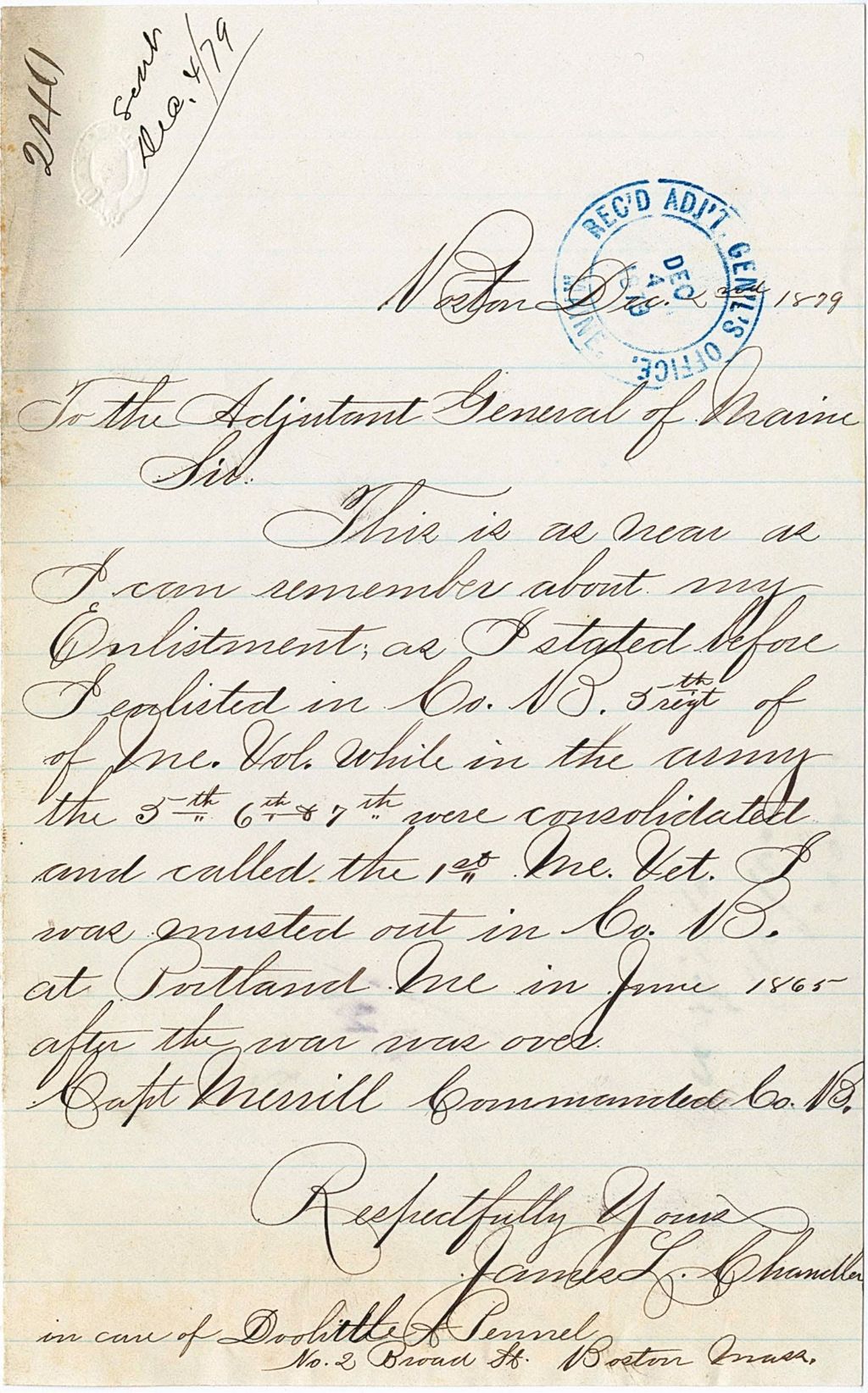 Miniature of James L. Chandler writing about his enlistment