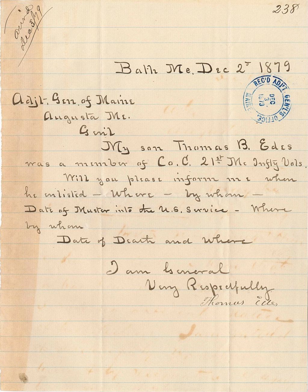 Miniature of Thomas Edes requesting information about his son's enlistment