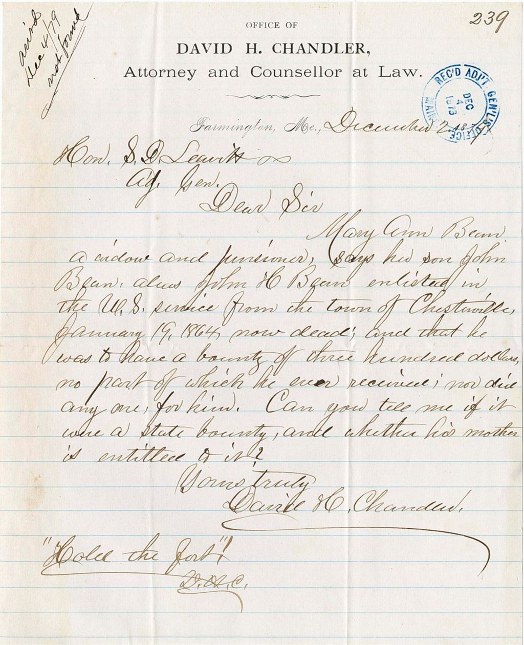 Miniature of Attorney David H. Chandler requesting information about a state bounty of $300 for the widow Mary Ann Bean from her son, John Bean's enlistment