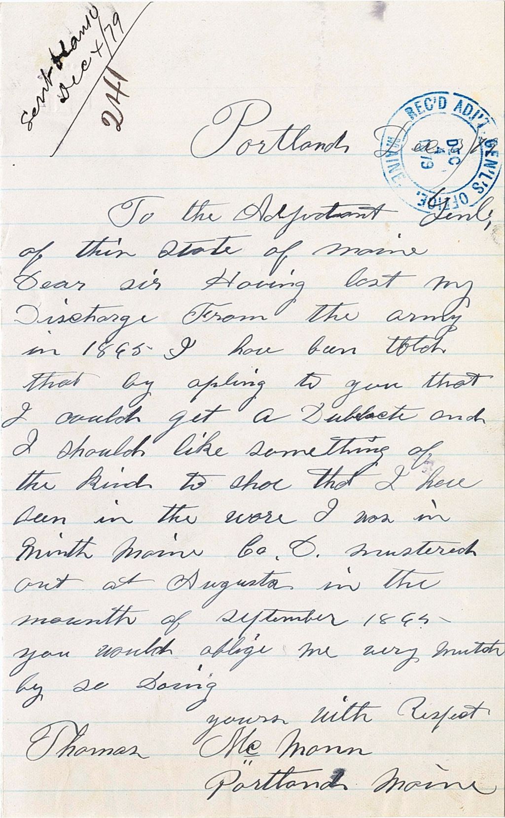 Miniature of Thomas M. Mann requesting a copy of his discharge papers from his time in the army