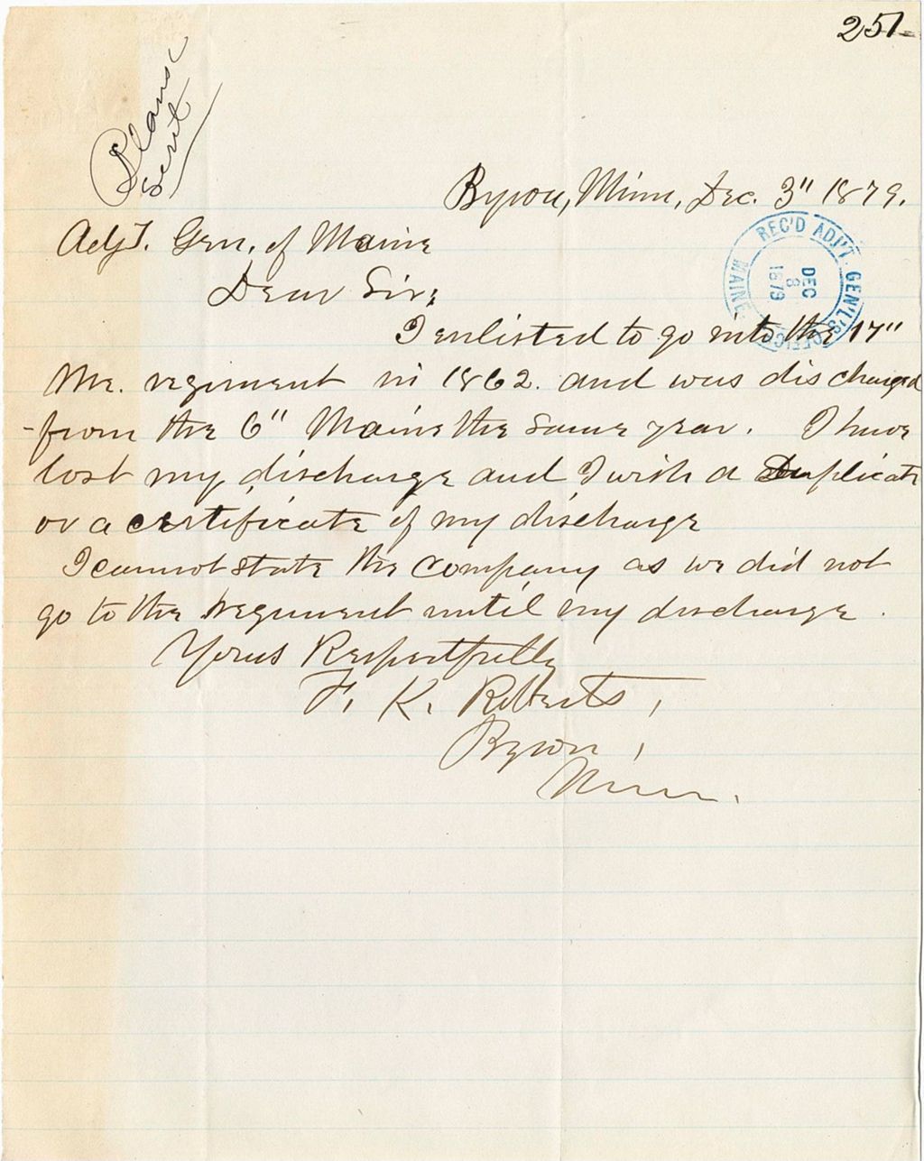 Miniature of F. k. [Roberts] requesting a copy of his discharge papers