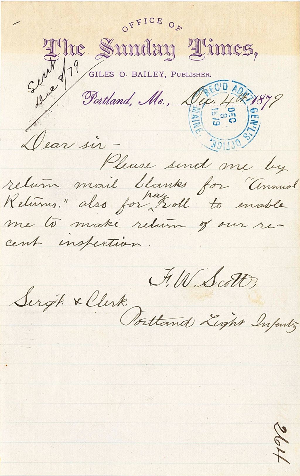 Miniature of F. W. Scott requesting blanks for annual returns and pay rolls to send information from his recent inspection