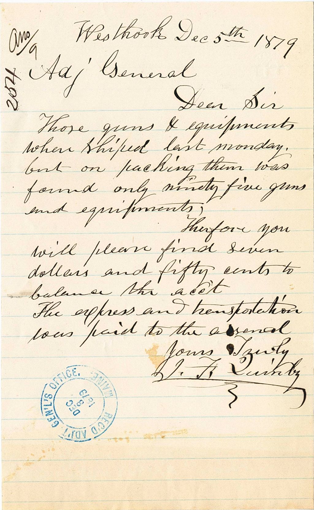 Miniature of J. F. Quimbly writing, sending money to balance sheet after not receiving the amount of guns that they paid for