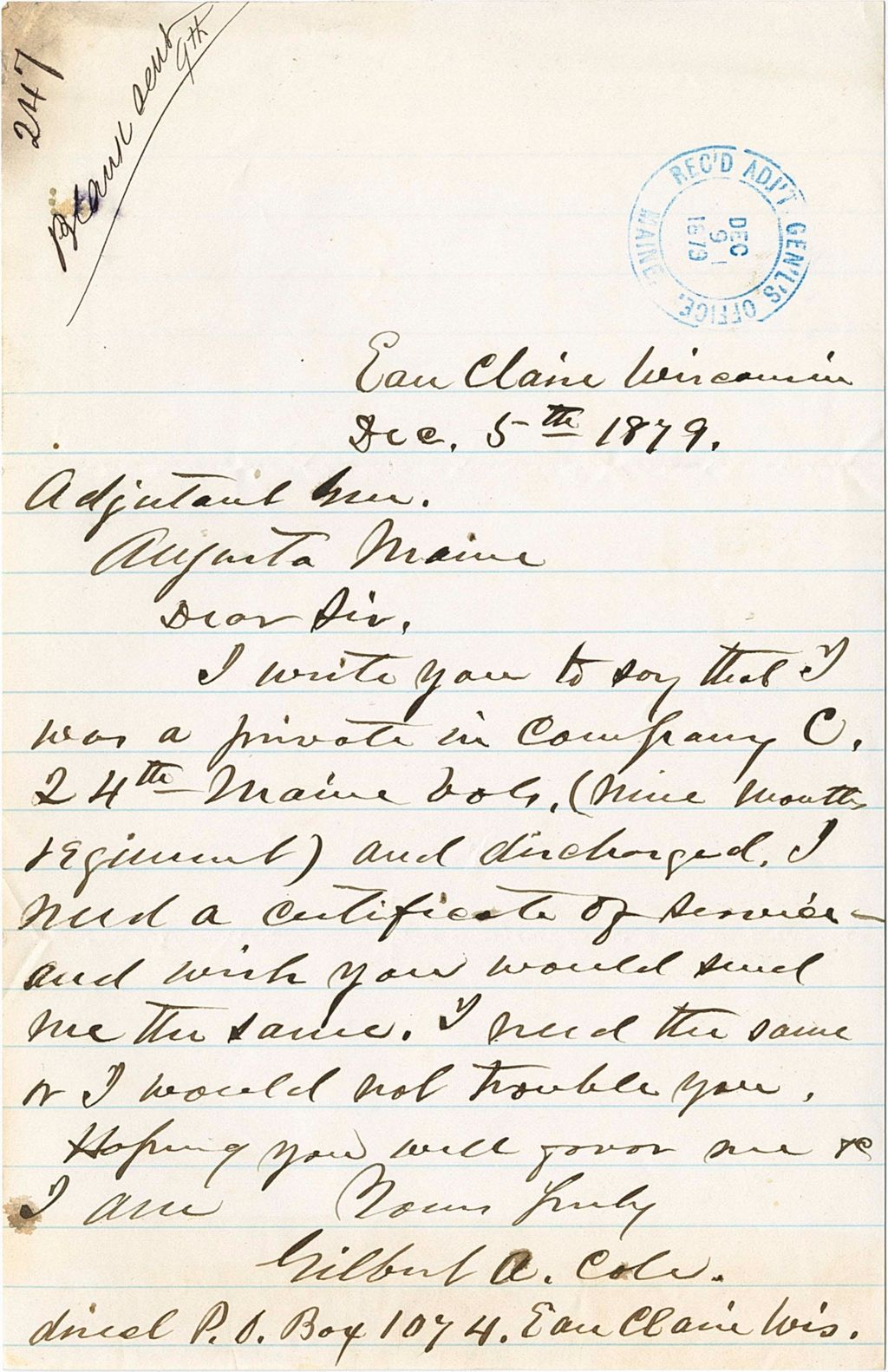 Miniature of Gilbert A. Cole requesting certificate of service