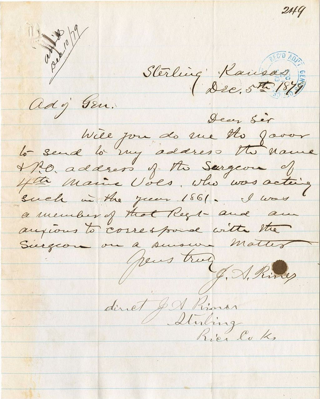 Miniature of J. S. Rines requesting address of the Surgeon of 4th Maine Vols in the year of 1861