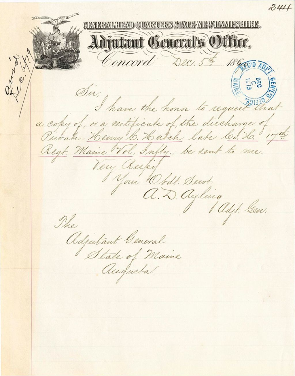 Miniature of A. D. Ayling requesting a certificate of discharge of private Henry N. Hatch