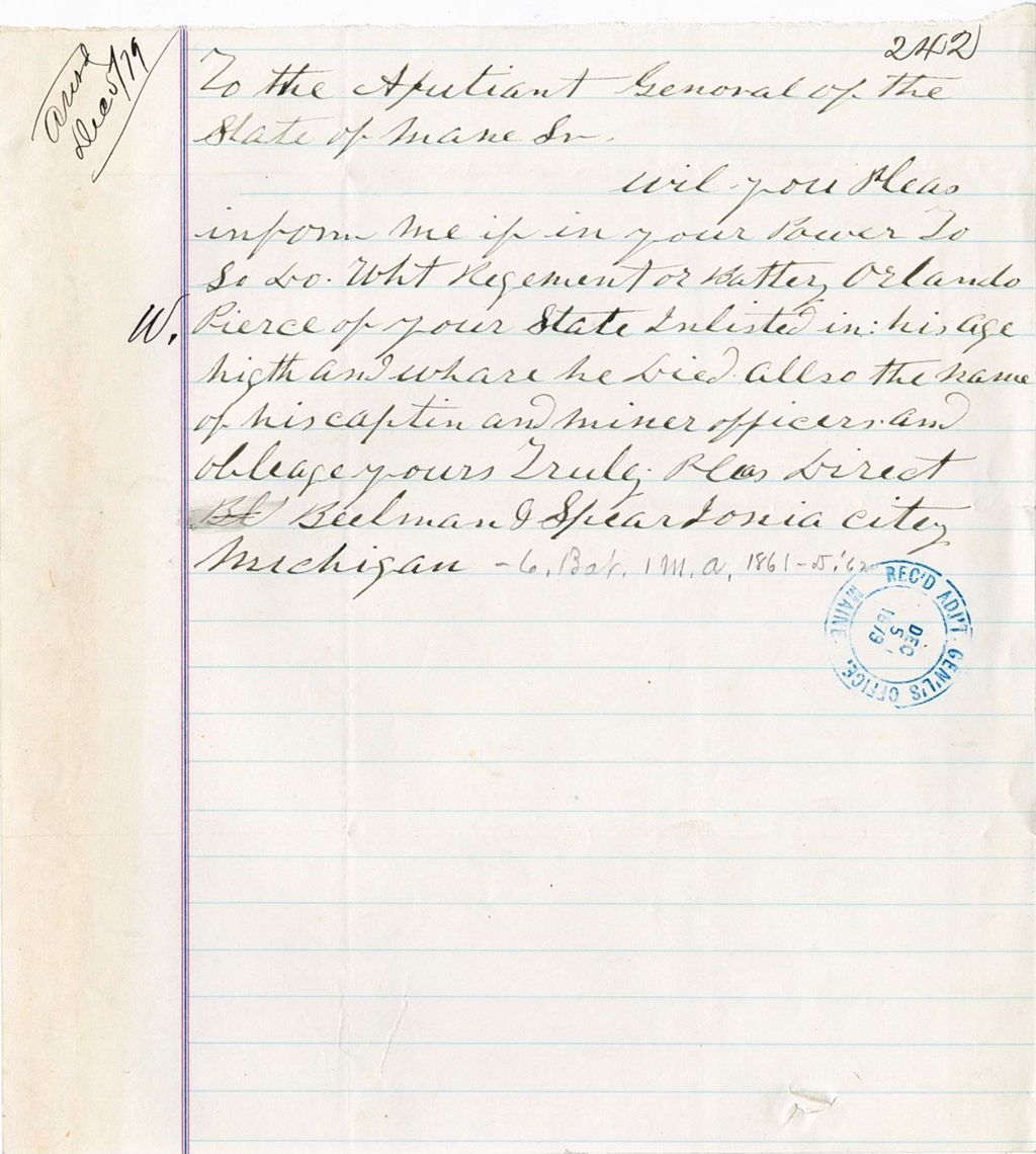 Miniature of Beelman G. Speardonia  requesting enlistment information of Orlando W. Pierce