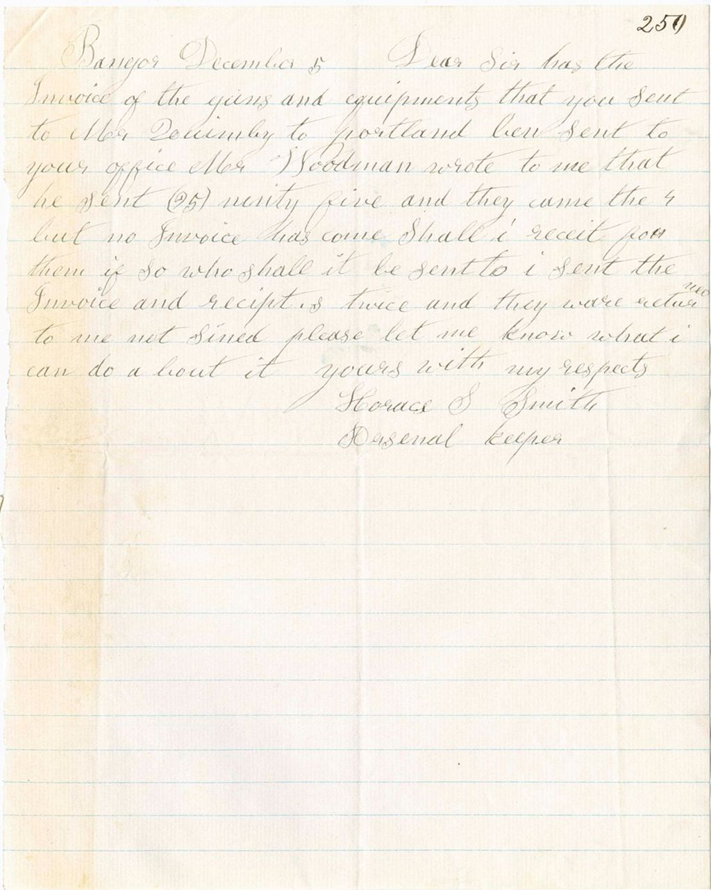 Miniature of Horace S. Smith requesting invoice of the guns and equipments